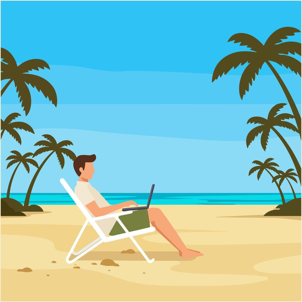 Tropical Beach Work Man Relaxing with Laptop on Vacation vector