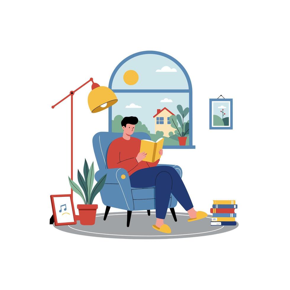 Man Relaxing in Armchair Reading Book Near Window vector