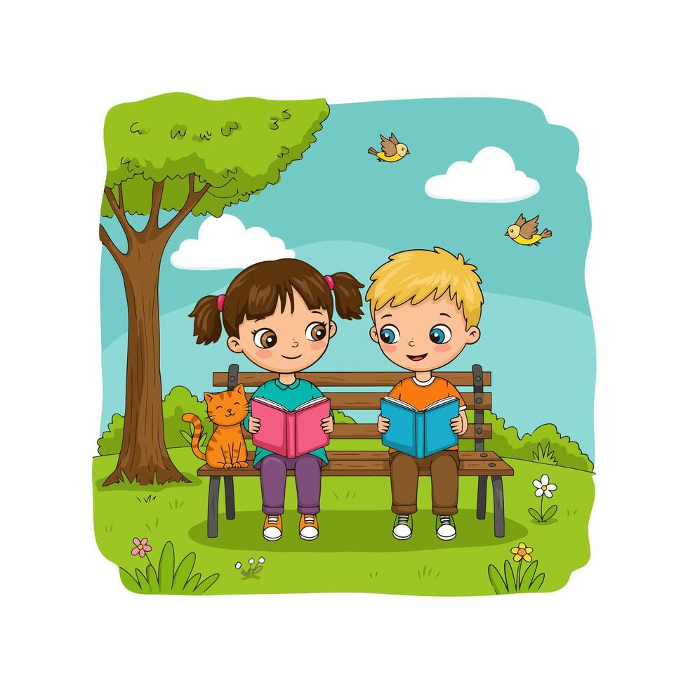 Kids Reading Books on Park Bench Cute Illustration vector