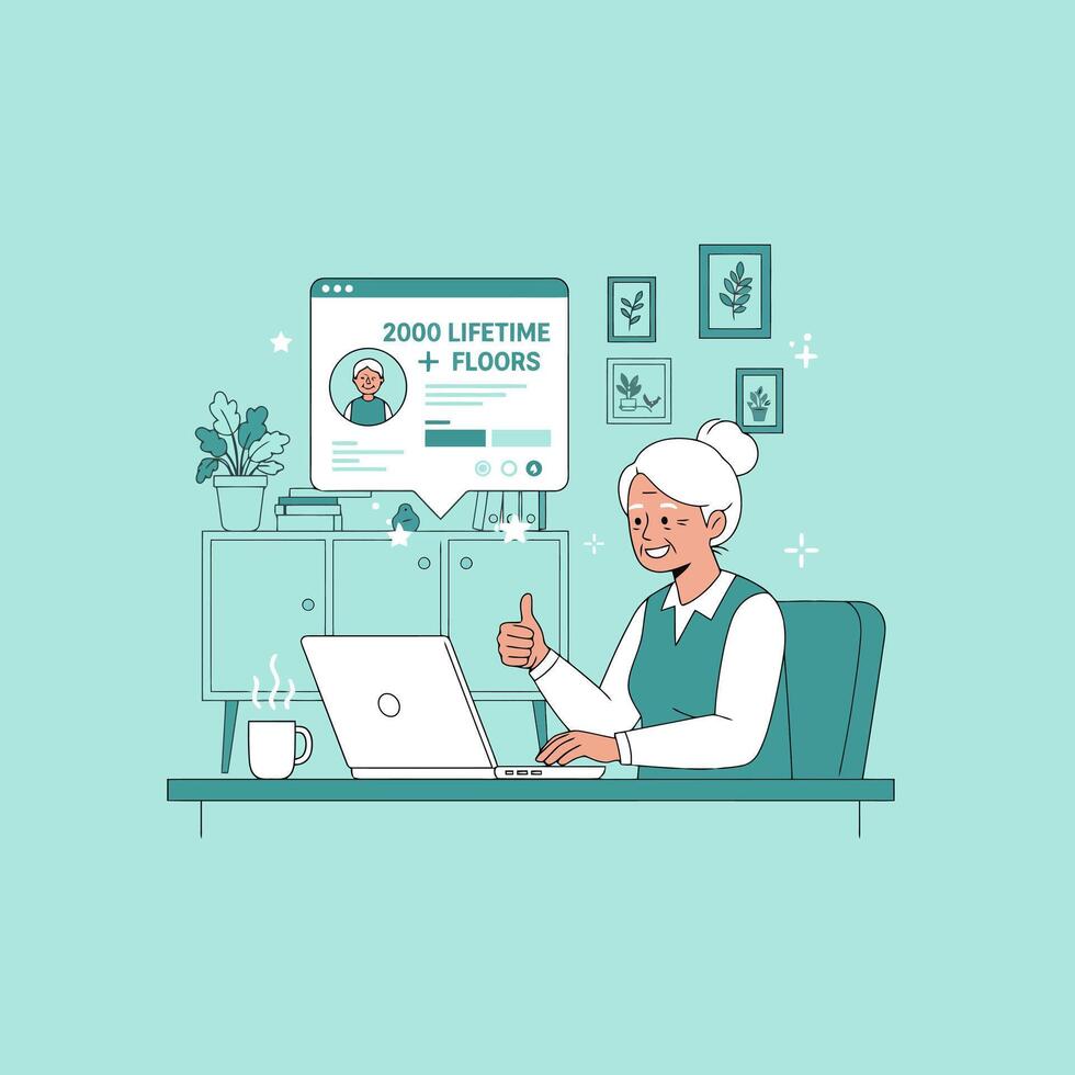 Senior Woman Happy with Online 2000 Lifetime Floors vector