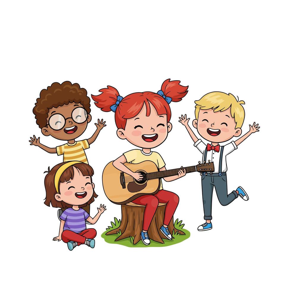 Happy Kids Singing and Playing Guitar Illustration vector