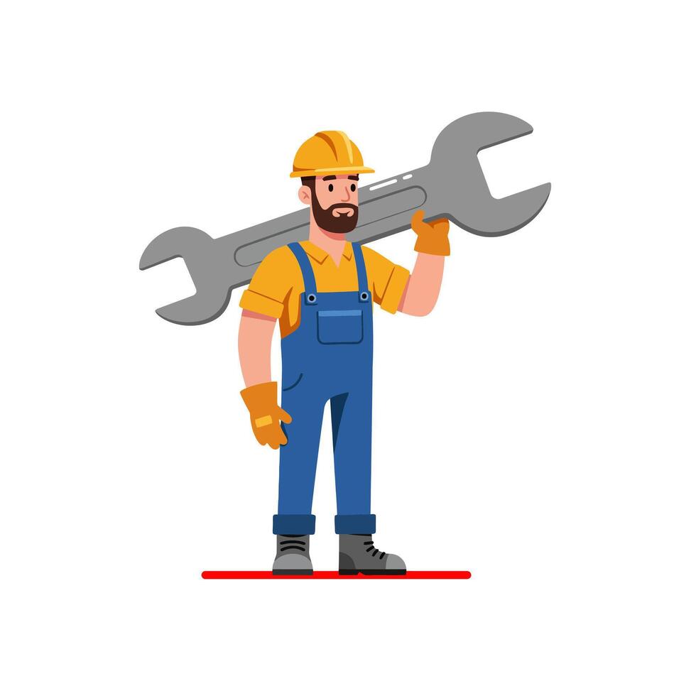 Mechanic with Huge Wrench Cartoon Illustration vector