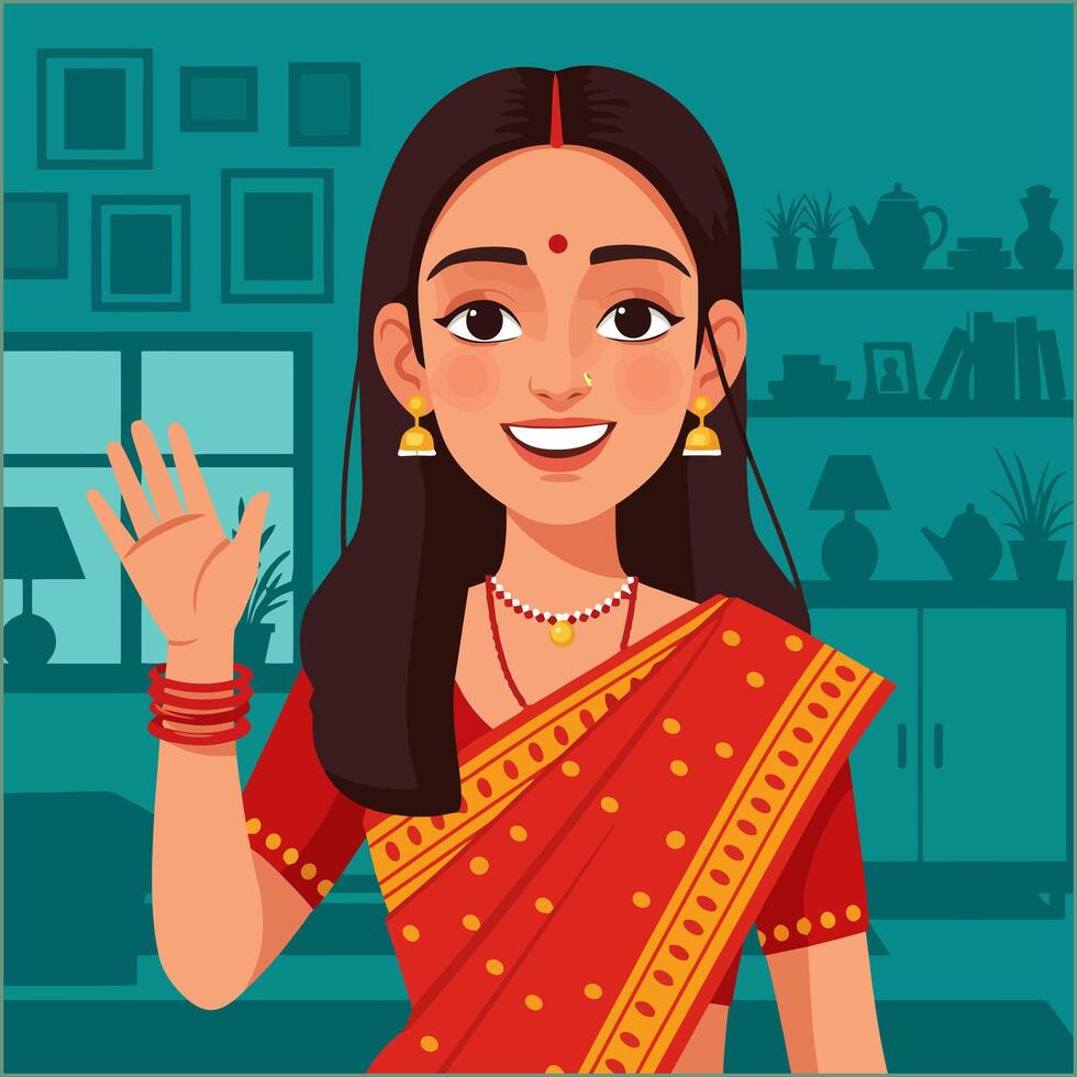 Indian Woman in Red Sari Giving a Warm Welcome vector