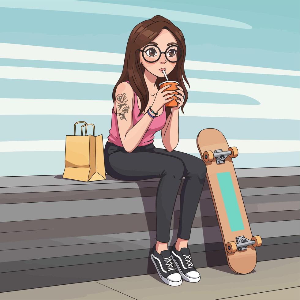 Girl with Skateboard and Drink Enjoying a Break vector