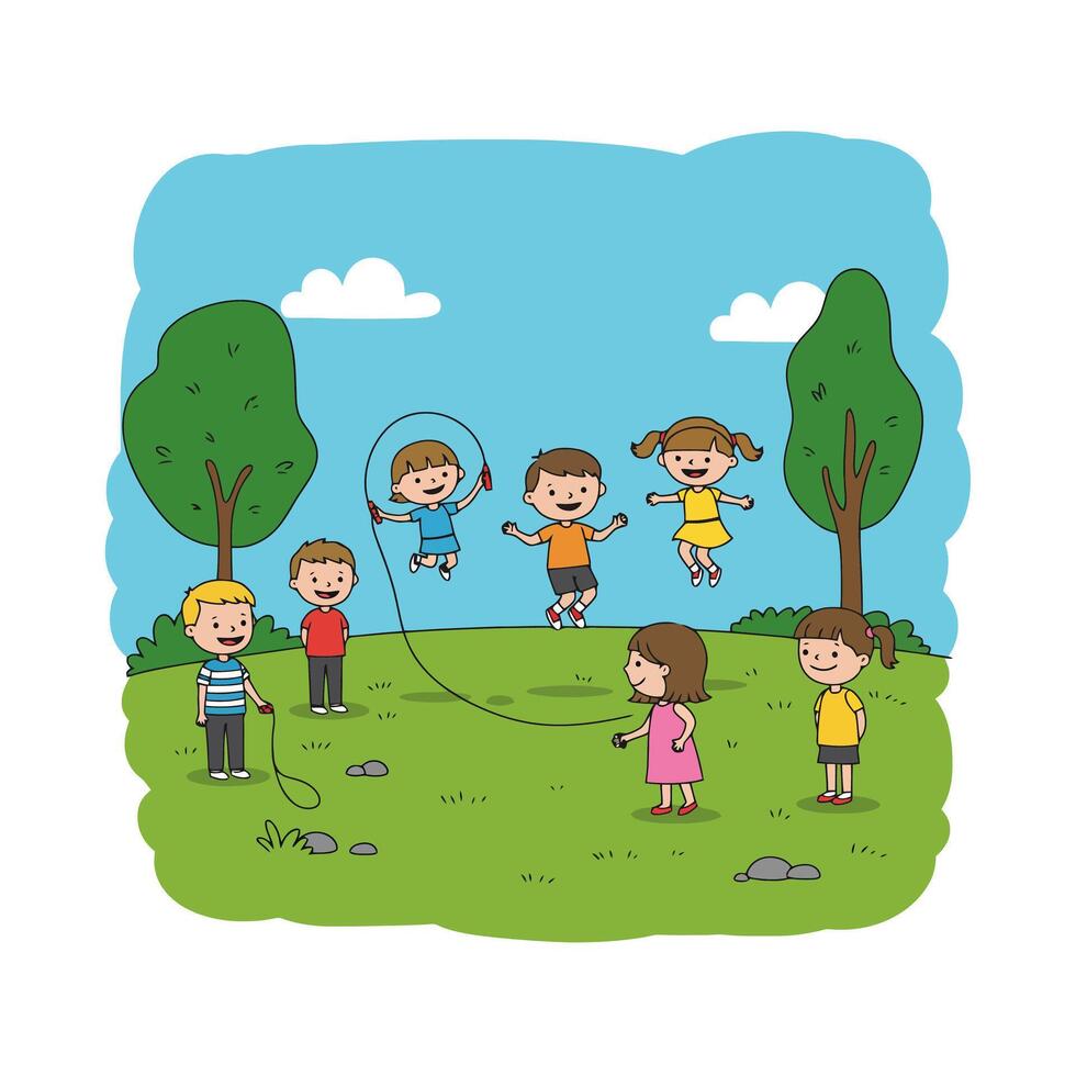 Happy Children Playing Jump Rope Outdoors in Park vector