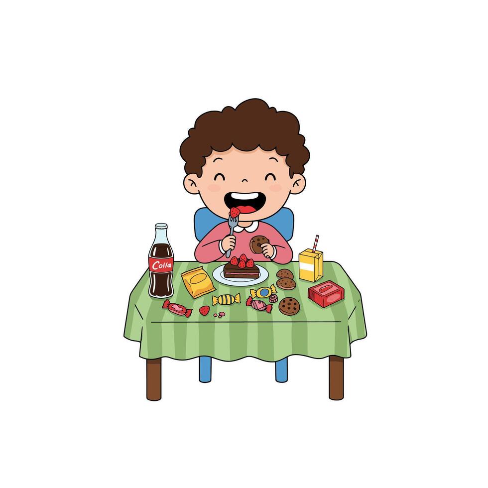 Happy Boy Enjoying Sweet Treats and Soda vector