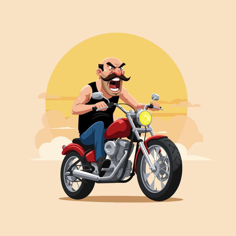 Angry Man Riding Red Motorcycle Sunset Background Cartoon Illustration vector