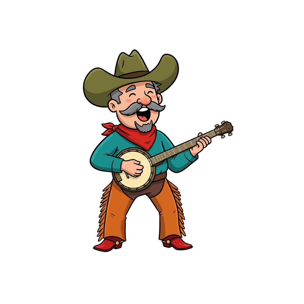 Happy Cowboy Playing Banjo Cartoon Illustration vector