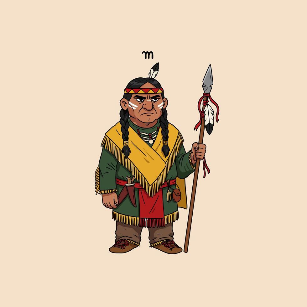 Native American Cartoon Character Illustration with Spear vector