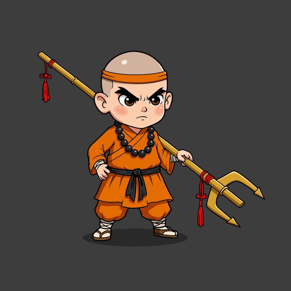 Cute Cartoon Monk with Trident Staff Illustration vector