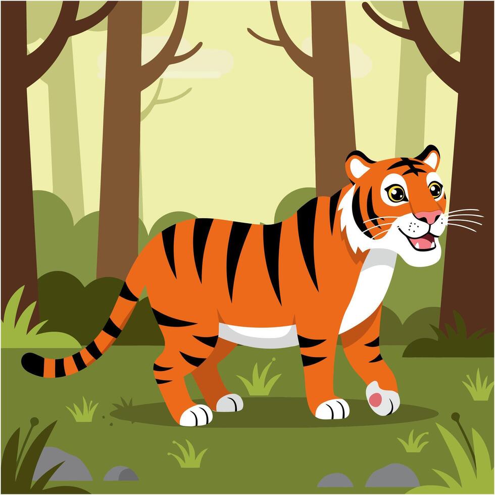 Happy Tiger in Forest Cartoon Illustration vector