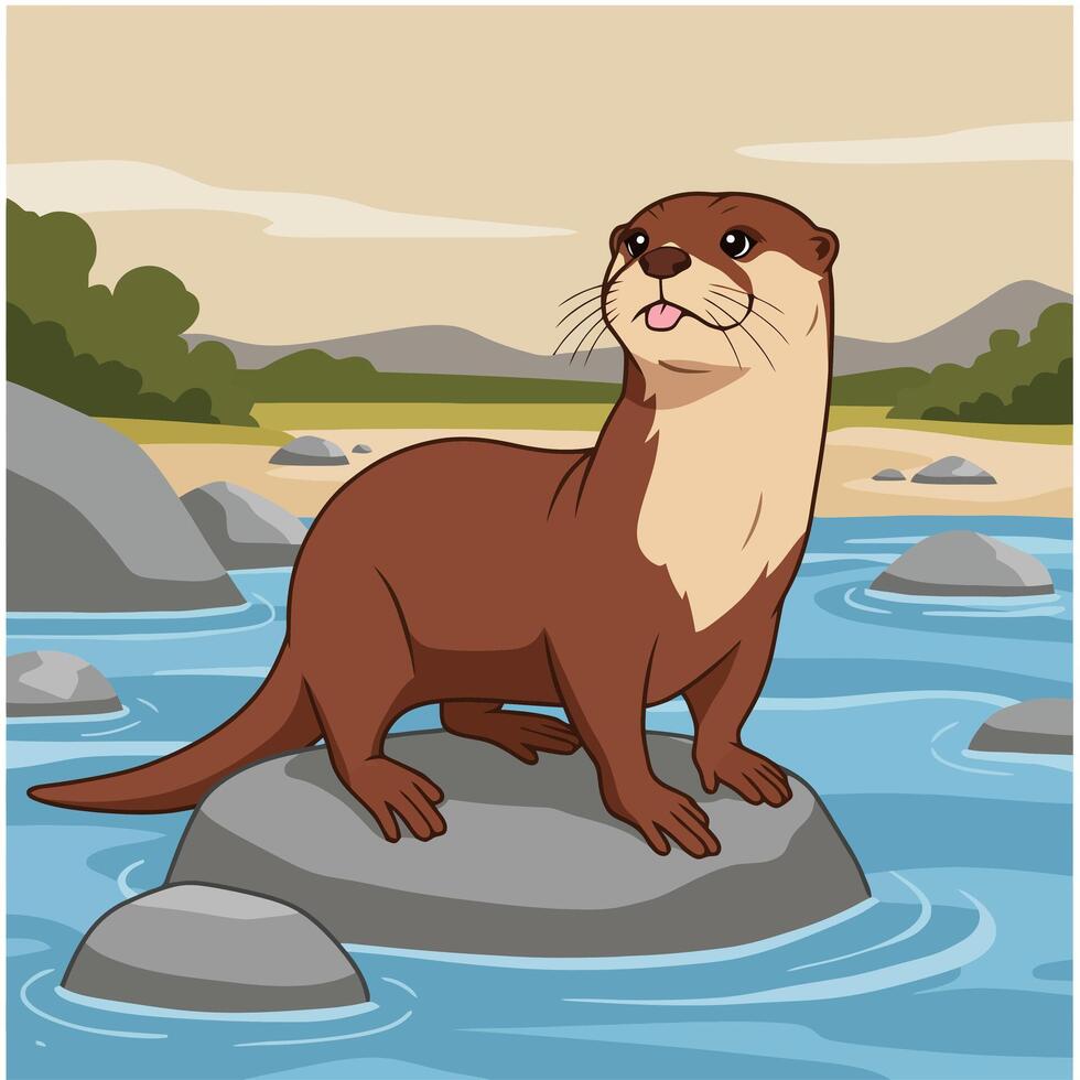 Cute Otter on Rock in River Landscape Illustration vector