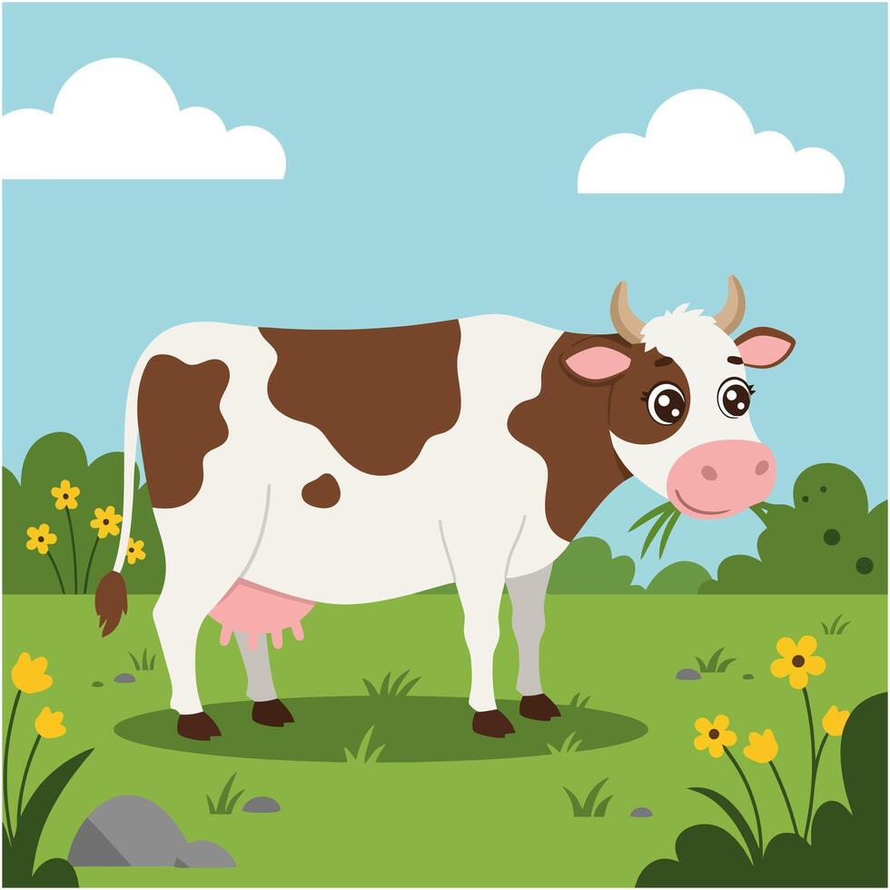 Cute Cartoon Cow Grazing in Sunny Pasture vector