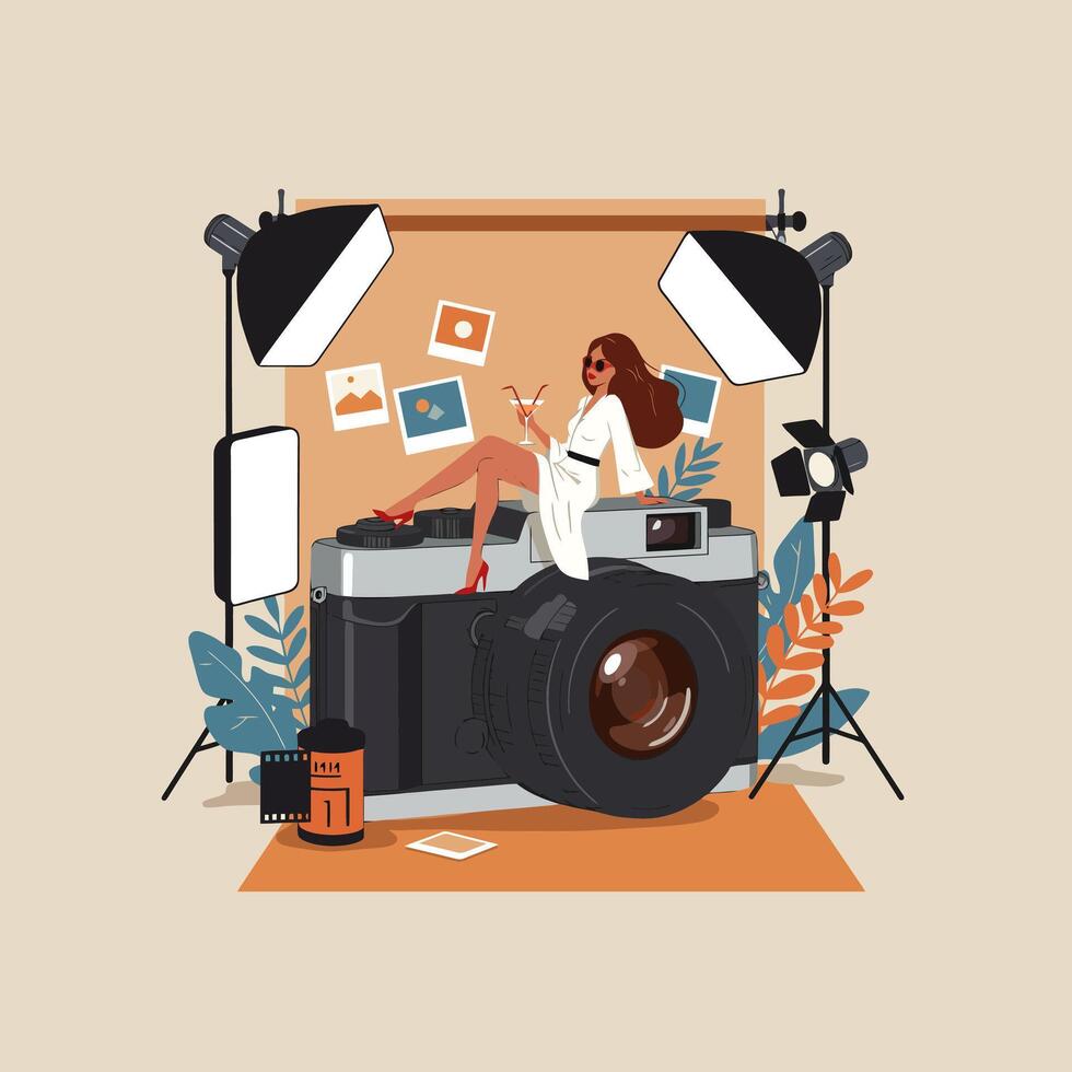 Stylish Woman Posing on Vintage Camera in Photo Studio vector