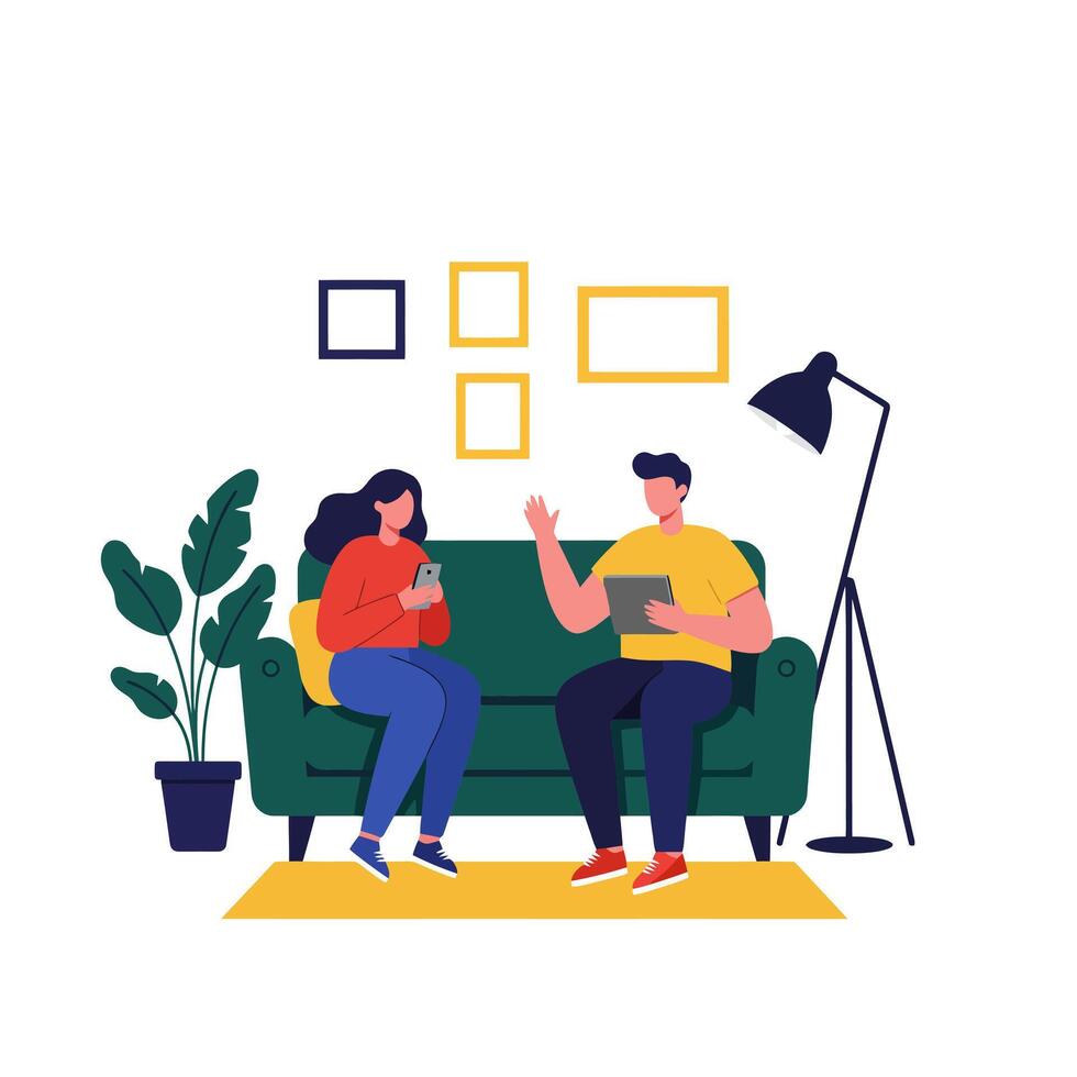 Couple Relaxing on Sofa Using Phones and Tablet vector