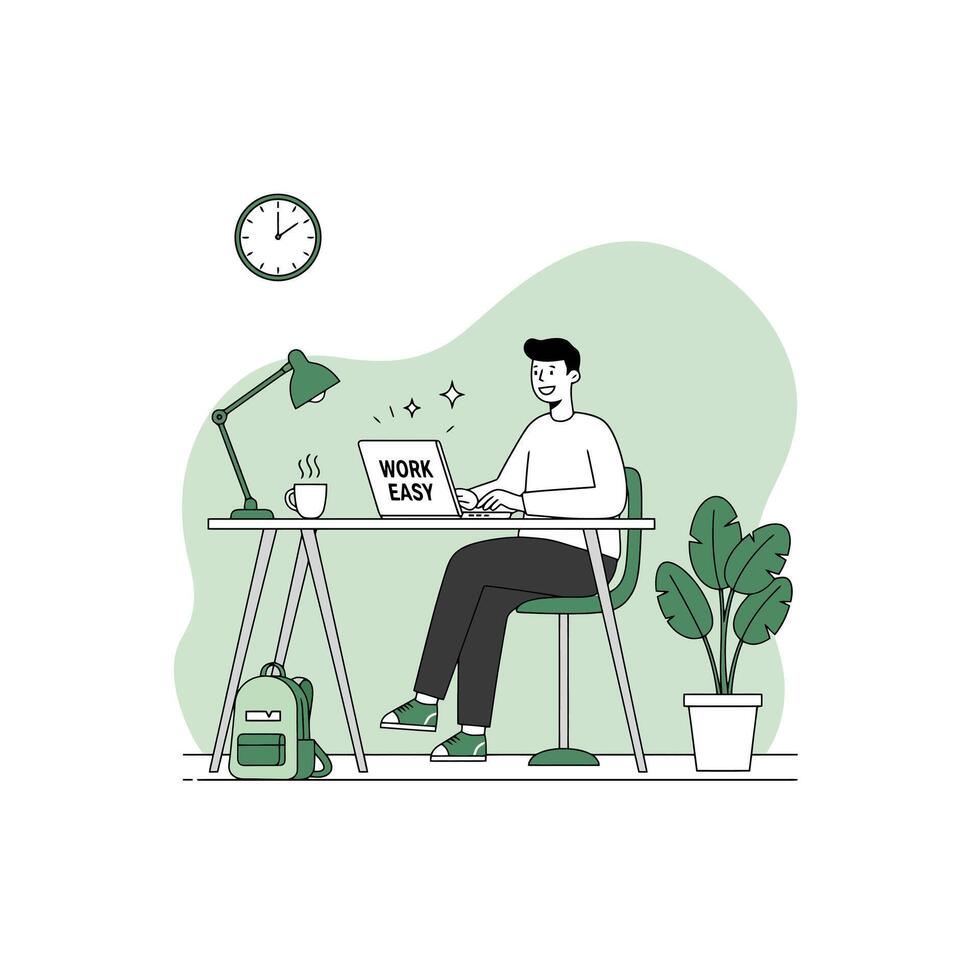 Happy Man Working Easy on Laptop at Home Office vector