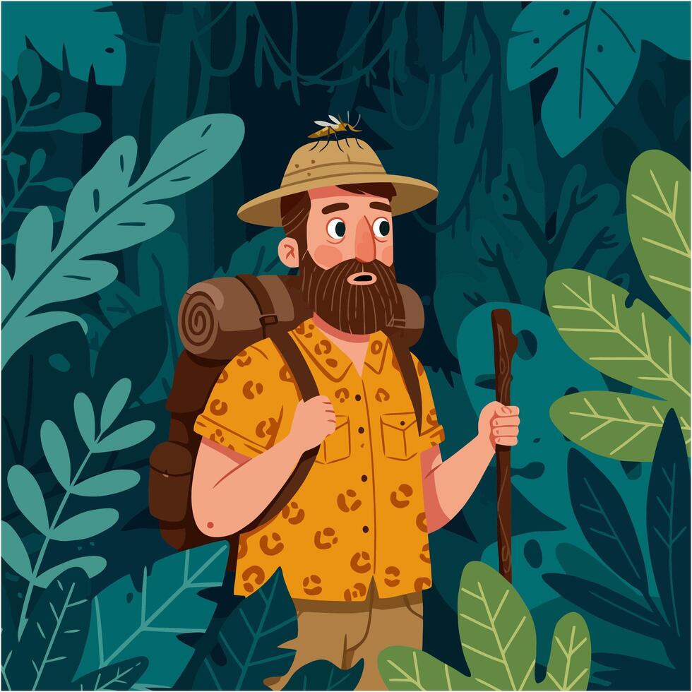 Bearded Hiker Exploring Lush Jungle Landscape vector