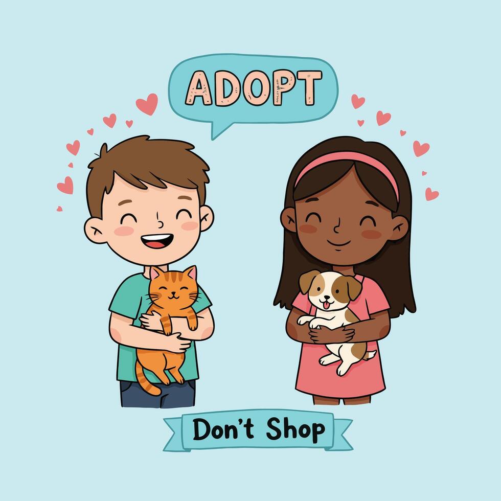 Adopt Dont Shop Kids Holding Pets Illustration vector
