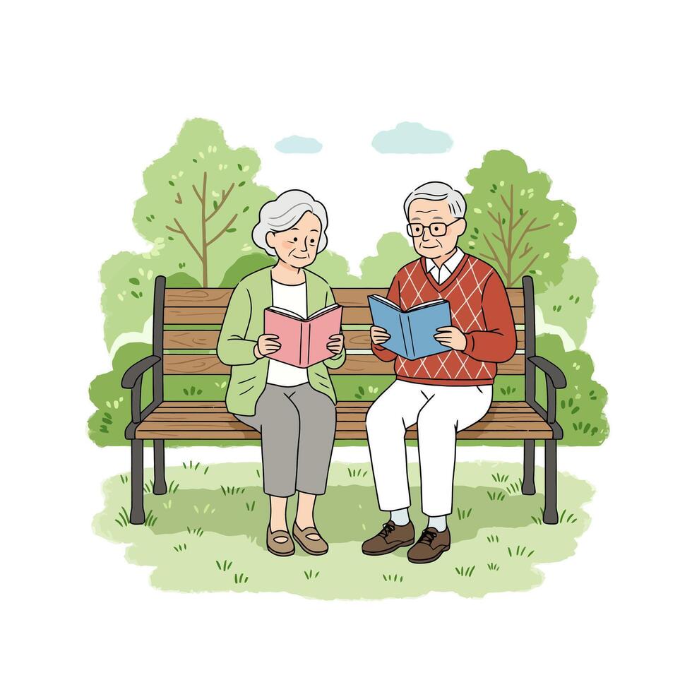 Elderly Couple Reading Books on Park Bench Illustration vector
