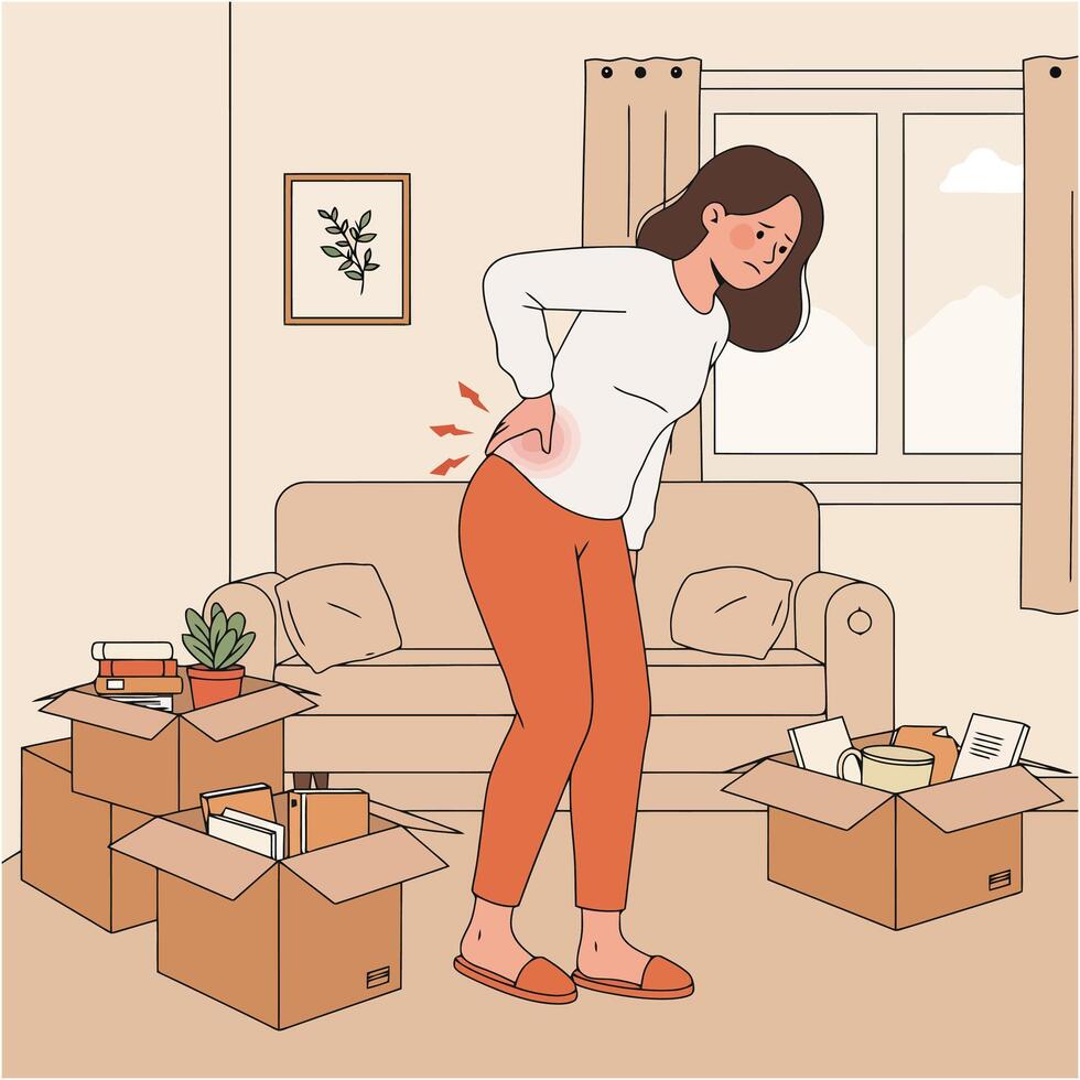 Woman with Lower Back Pain After Moving Boxes vector