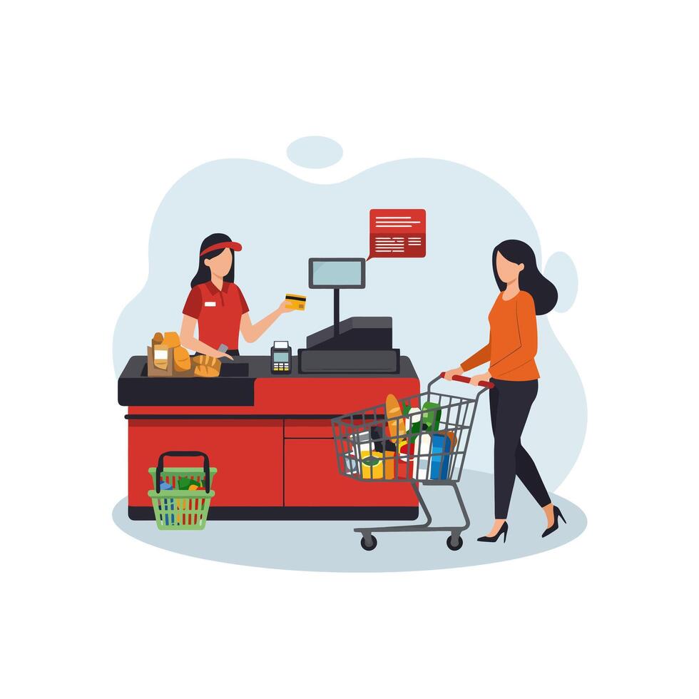 Grocery Shopping Checkout Customer Paying Cashier vector
