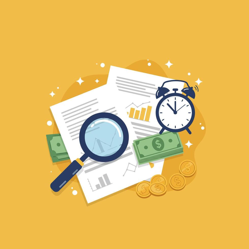 Financial Report Analysis Magnifying Glass Time Money vector