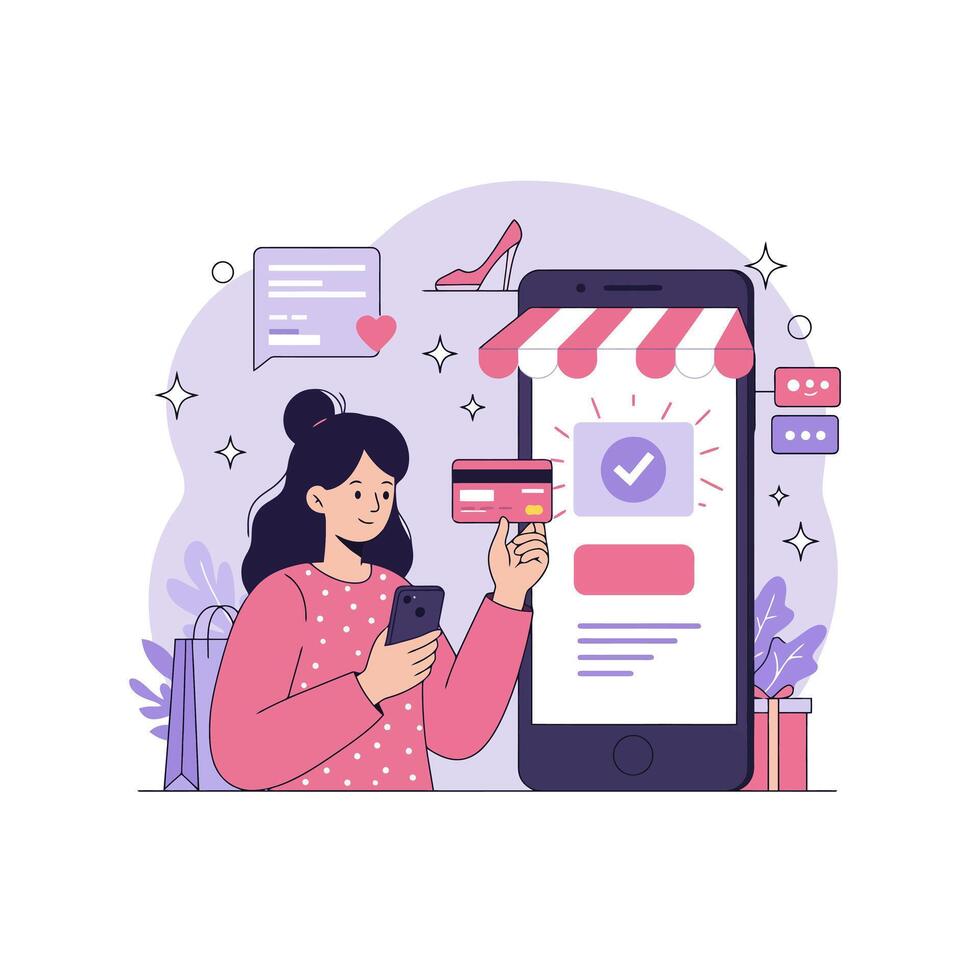 Woman Shopping Online Easy Mobile Payment Secure Ecommerce vector