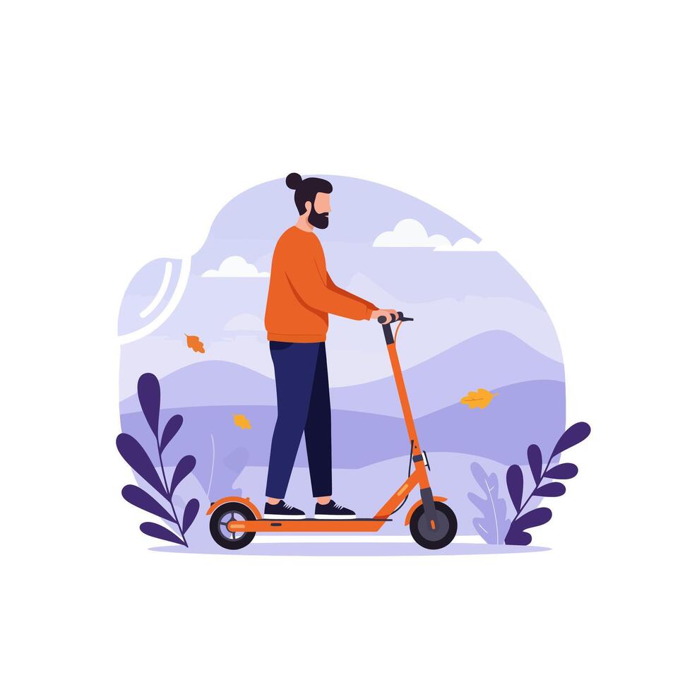 Man Riding Electric Scooter in Autumn Landscape vector