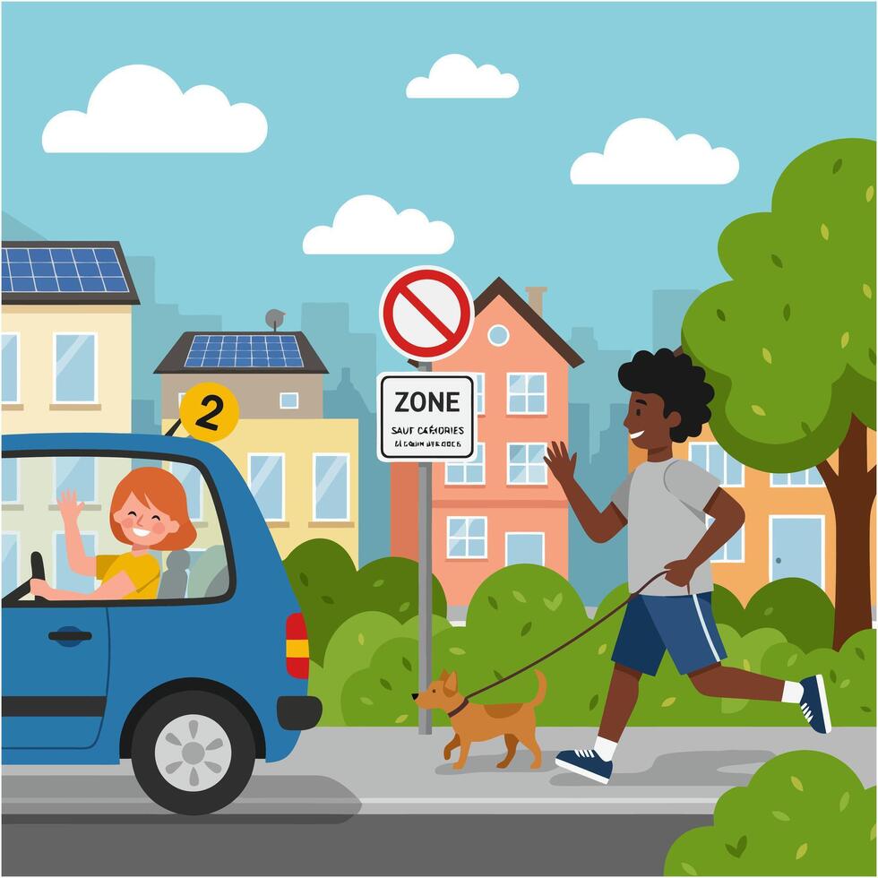 Man Walking Dog Near Low Emission Zone Car Driver Waves vector