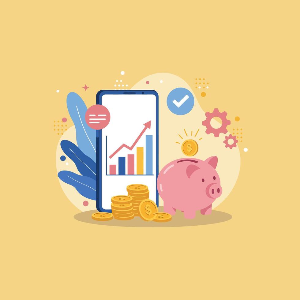 Track Savings Growth with Mobile App and Piggy Bank vector