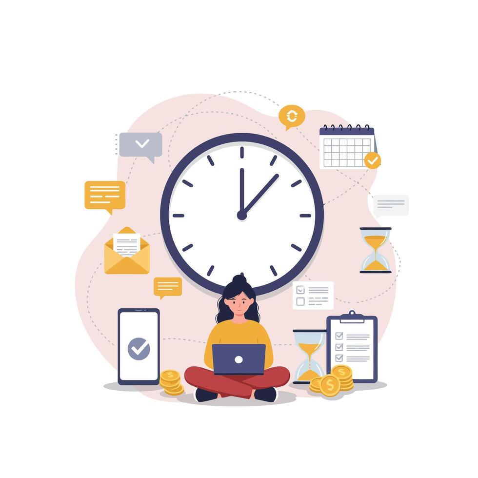 Effective Time Management Woman Working Laptop Clock vector