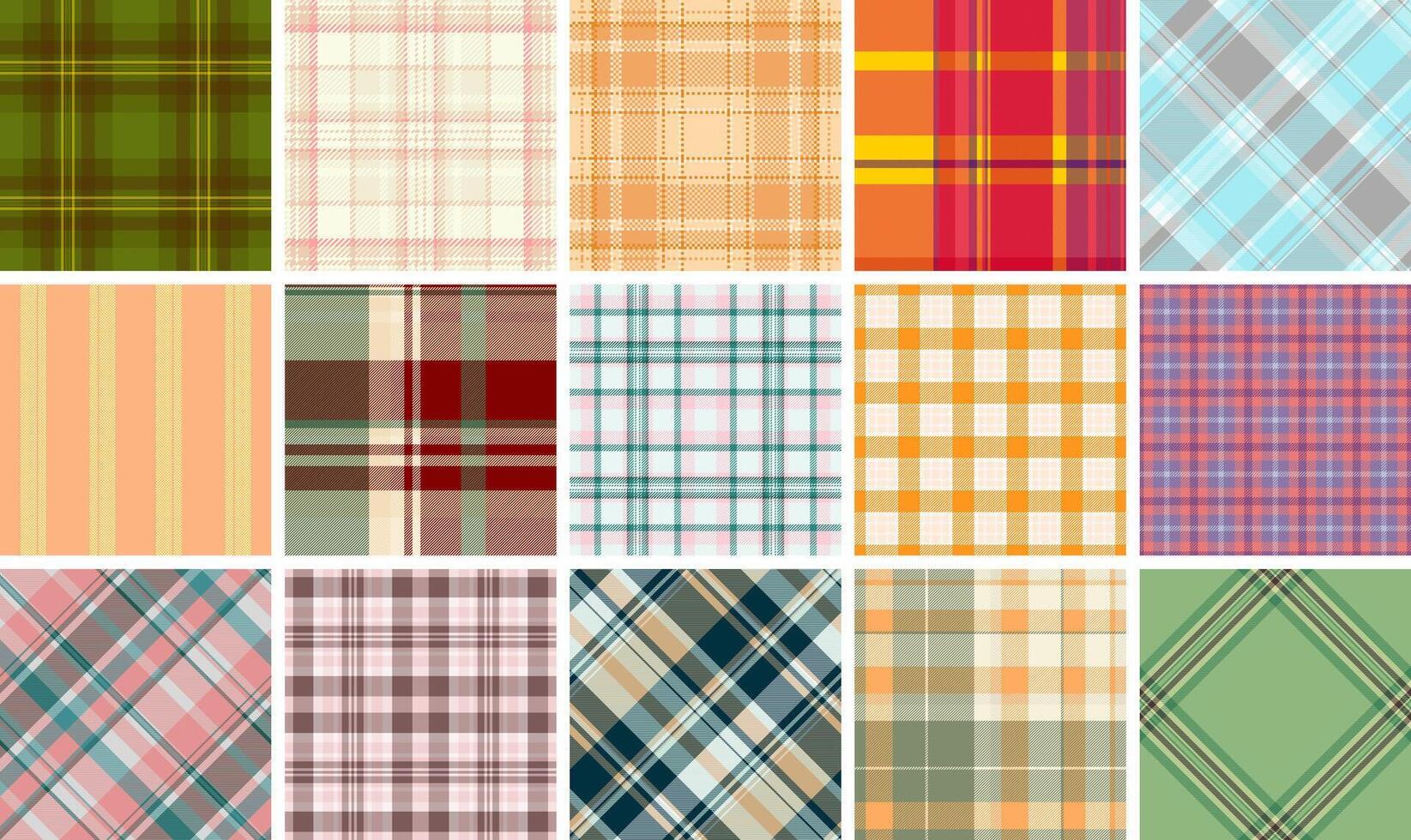 Vibrant collection of 16 diverse plaid patterns. Perfect for textile design, fashion, website backgrounds, or crafting projects. vector