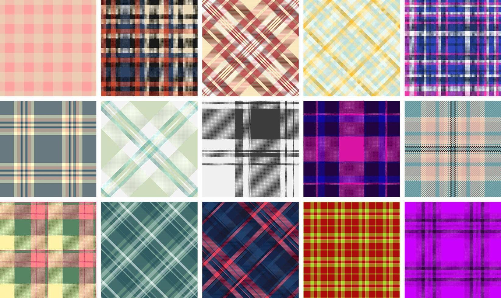 Vibrant collection of 12 unique plaid patterns. Perfect for textile design, fashion, website backgrounds, and more. vector