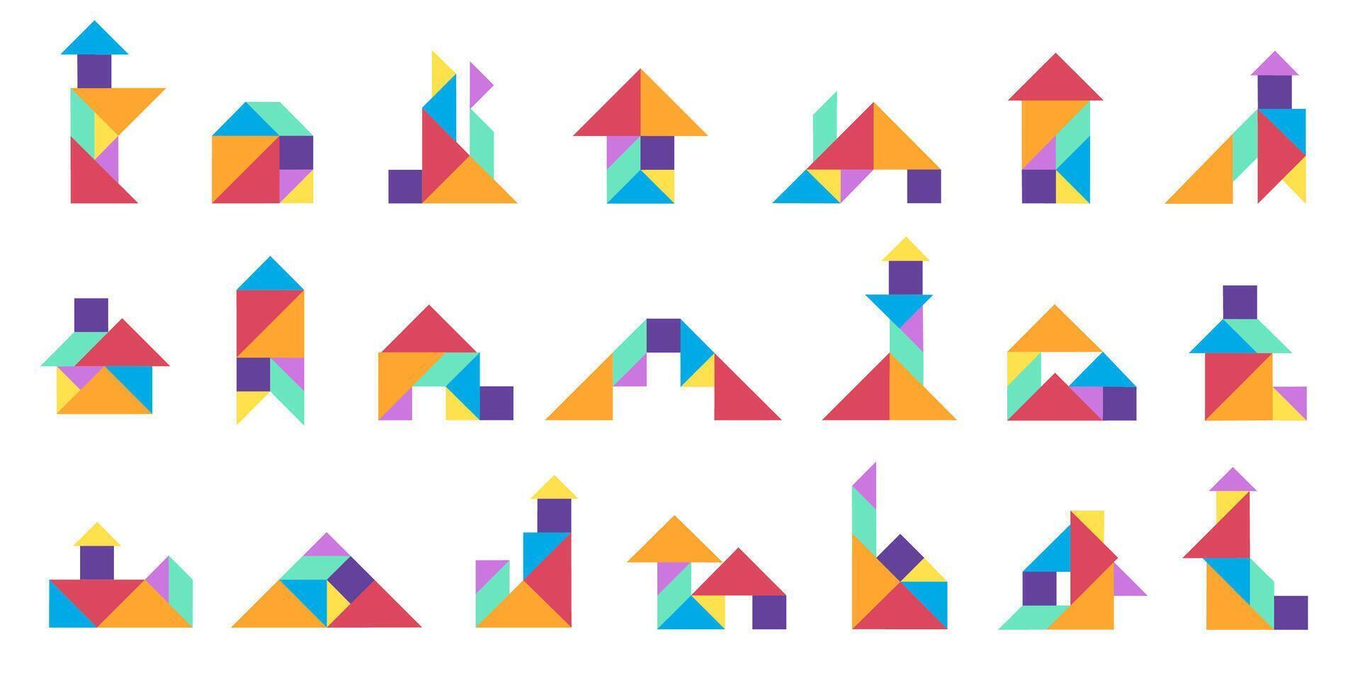 Tangram buildings. Geometric kids puzzle game with colored triangle square and rhombus shapes, creative geometry construction of various elements. tangram set vector