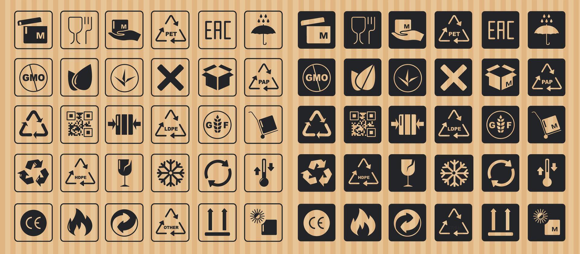 Packaging safety symbols. Delivery cargo transport stickers with fragile, handle with care, do not stack, keep dry, up arrows shipping icons. isolated set vector