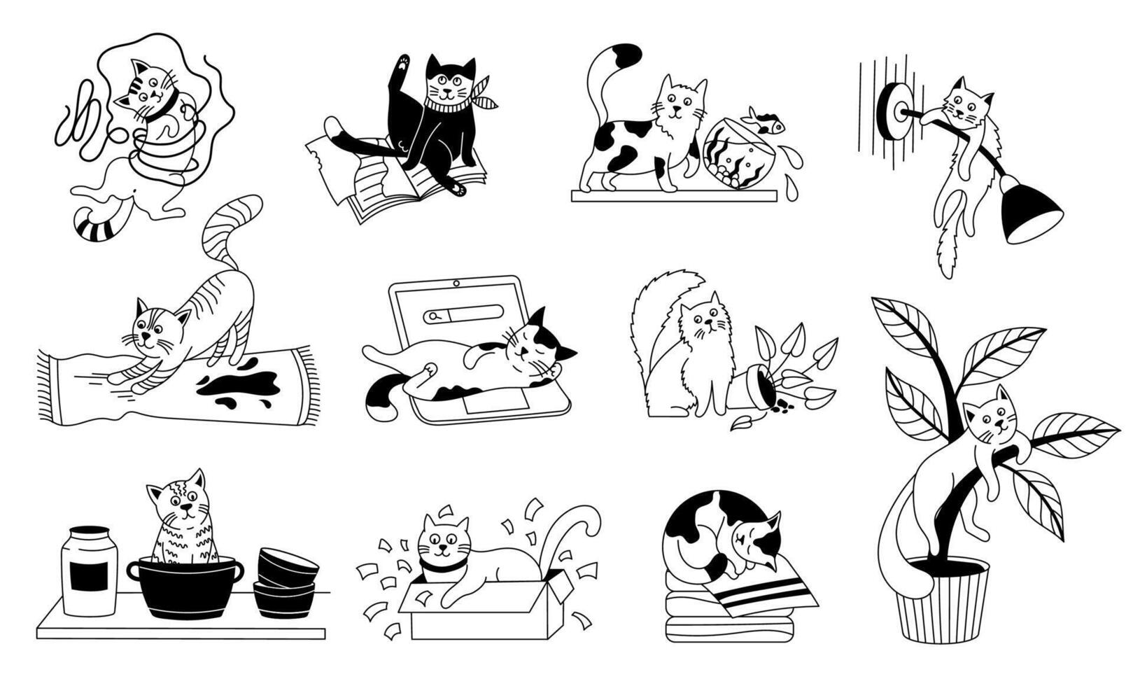 Funny cat character. Cute fluffy kittens in different cat poses, cheerful domestic pet sketch with positive emotions, outline doodle feline mascot. isolated kitten set vector