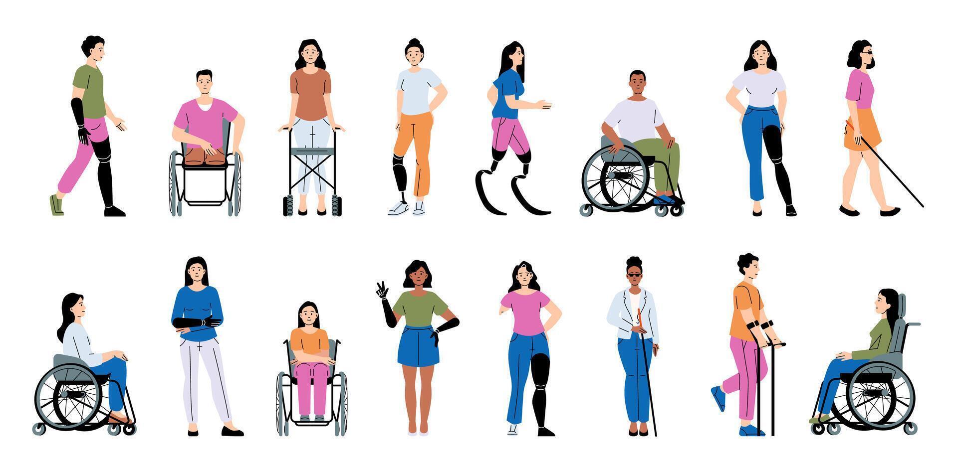 Diverse individuals with disabilities using wheelchairs, prosthetics, crutches and canes. Independence and adaptive lifestyles. Flat illustration vector