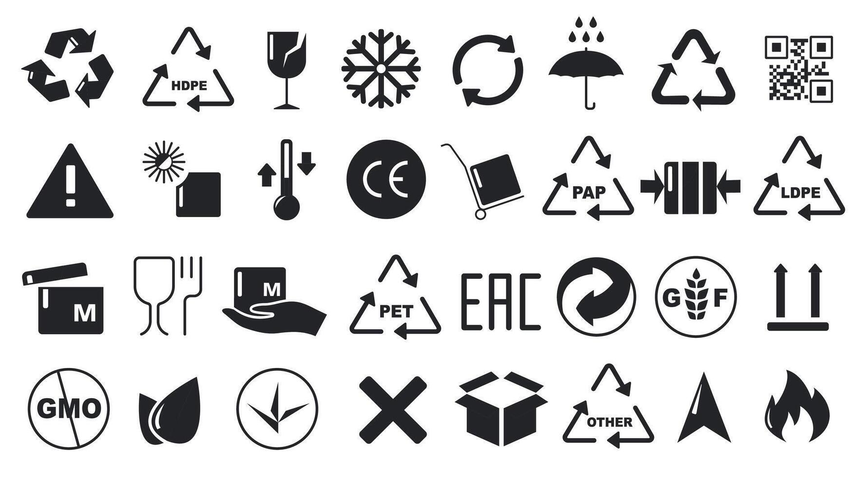 Packaging and recycling symbols. Food packaging warning signs, frozen products temperature storage, delivery and shipping standard. safety icons isolated set vector