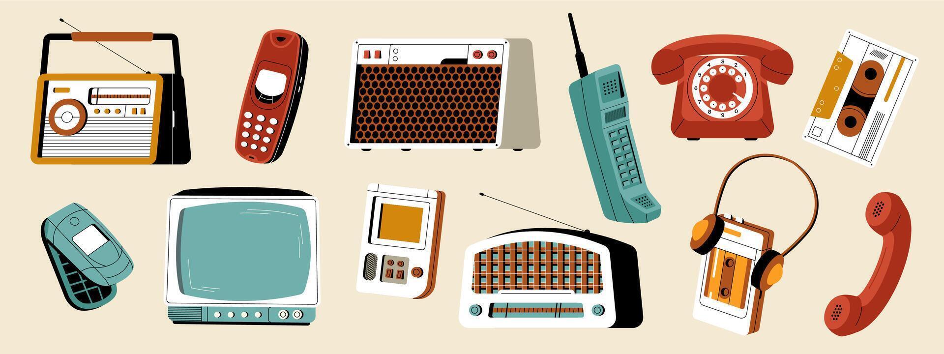 Retro gadgets. Vintage 90s hipster technology stickers, cartoon old analog gadget collection, electronics devices and game machines. colorful gadgets set vector