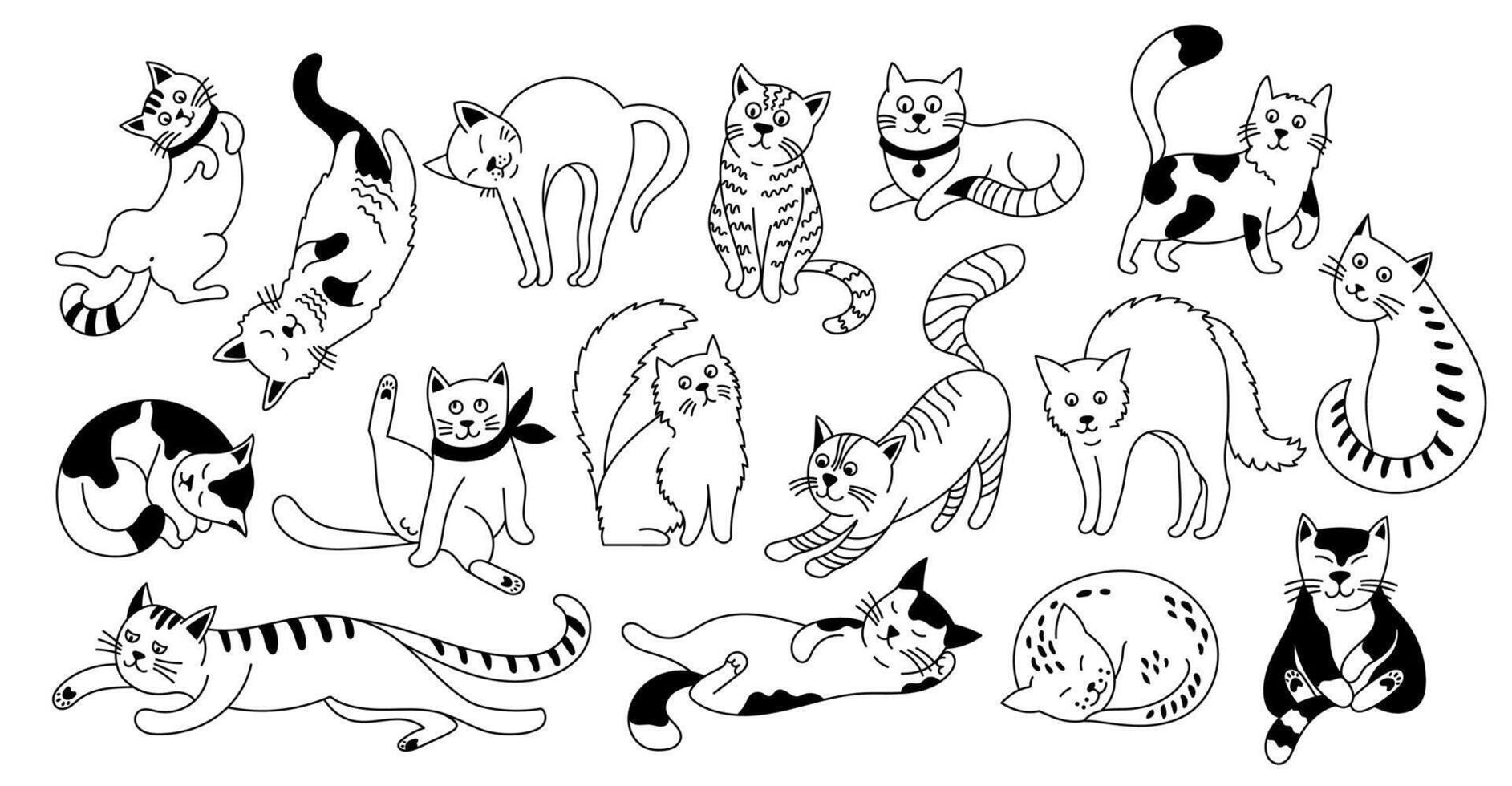 Cute doodle cats. Funny kitten animal characters with different cat poses and emotions, hand drawn childish outline cat animals. kittens isolated set vector