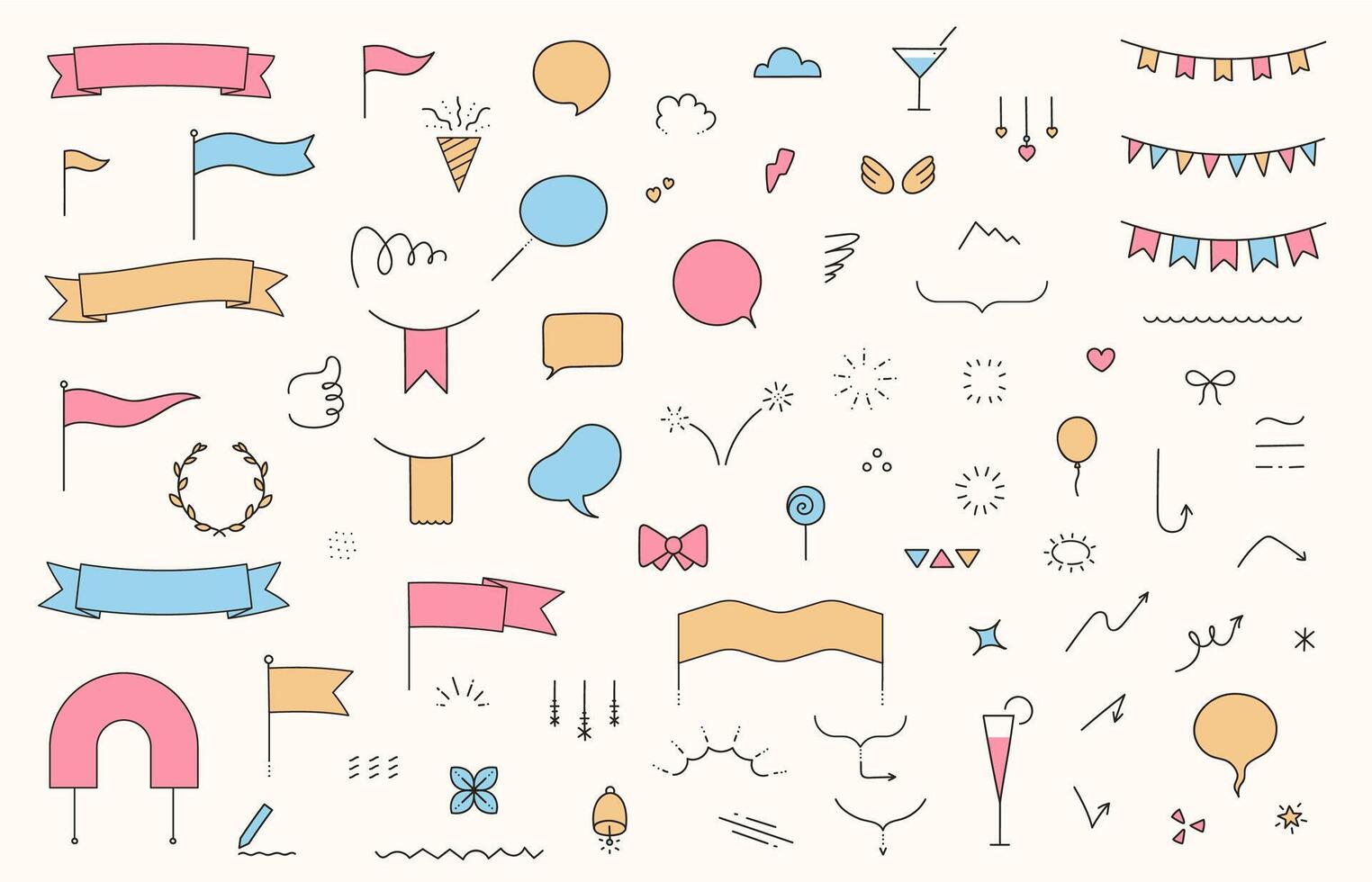 Cute Japanese elements. Decorative sparkles star and heart icons, frames and borders with traditional oriental shapes icons, simple minimalist banners. title frame set vector