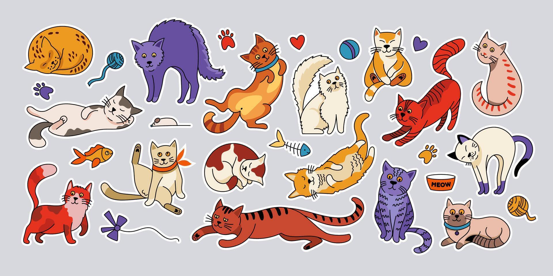 Doodle cat stickers. Cute cartoon kittens with funny emotions, happy comic pets with different faces and cat poses. colorful kitten set vector