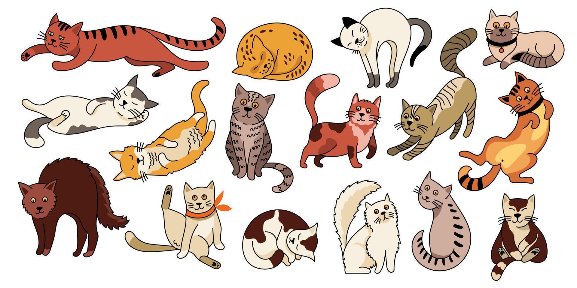 Cute pet cat. Cartoon funny kittens with different emotions and cat poses, adorable outline doodle kitten characters in various actions. colorful cats set vector