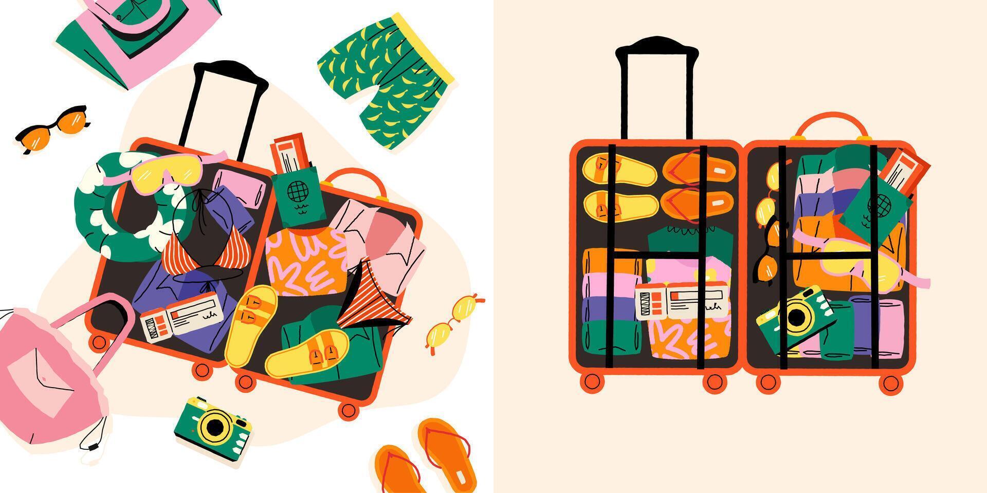 Suitcase with clothes. Cartoon open travel bag with packed things, travel luggage with organized clothes and accessories for road trip. flat suitcase illustration vector