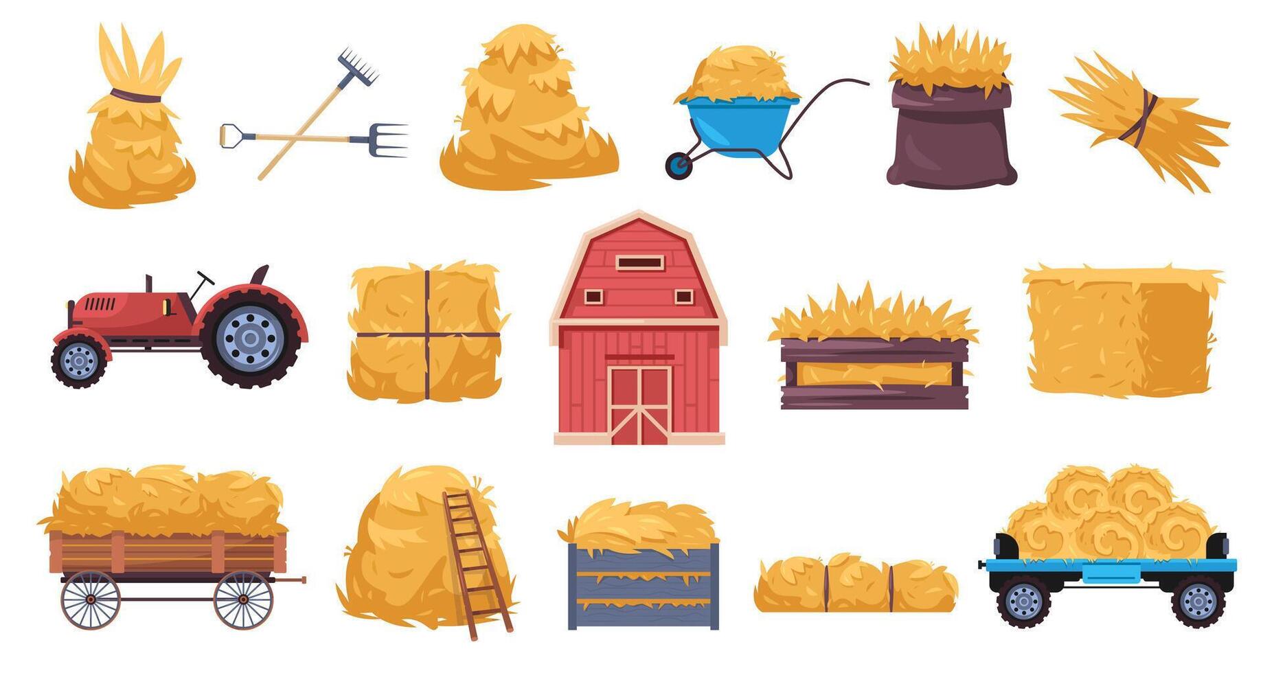 Hay harvest set. Farm dry grass straw pile, rural fodder bale wheelbarrow barn, flat countryside agriculture hay elements. isolated haystack collection vector