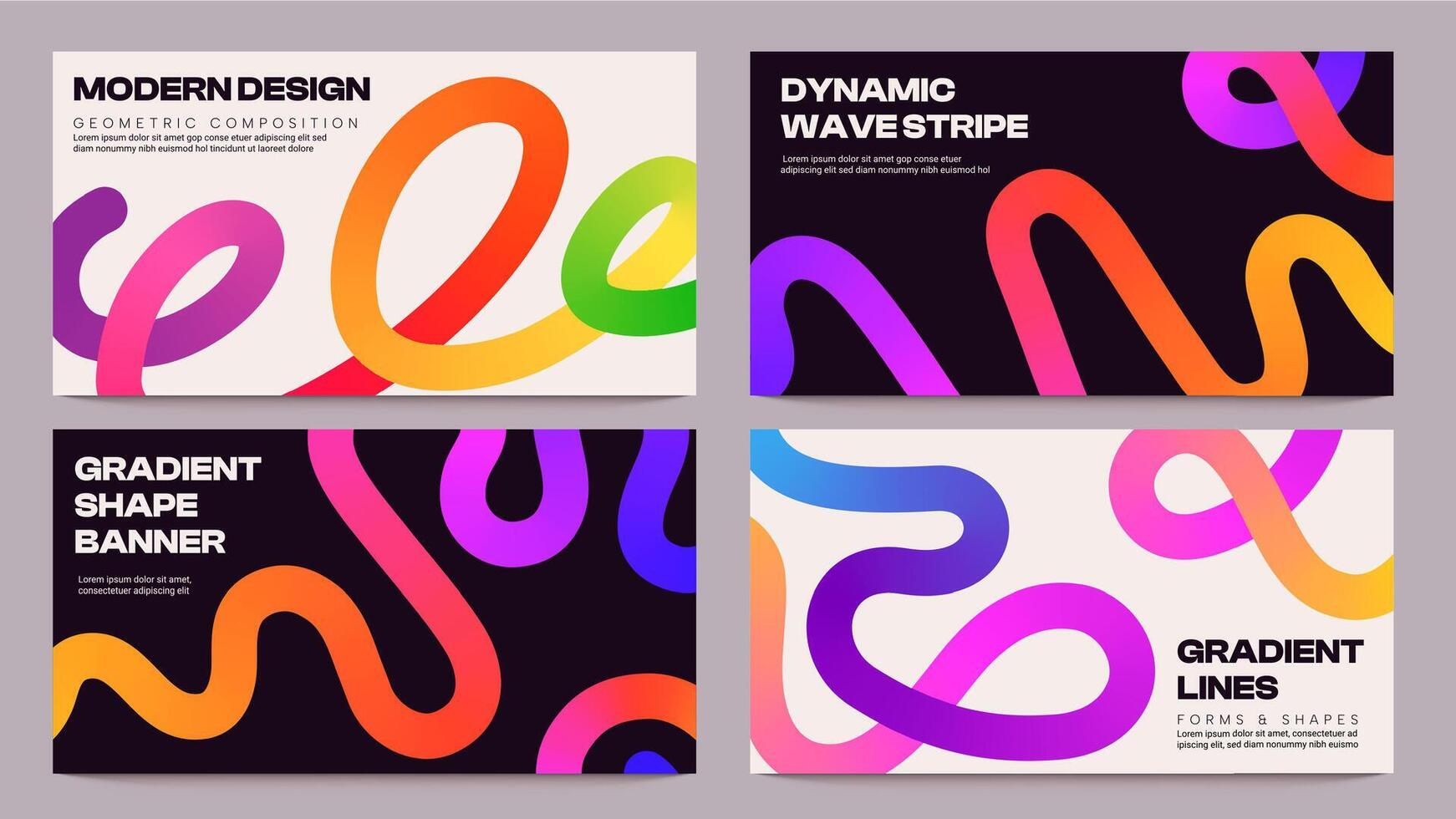 Line gradient shape banner. Abstract wavy ribbon with fluid color, dynamic wave stripe for business presentation cover, trendy fluid layout with waving figures. set vector