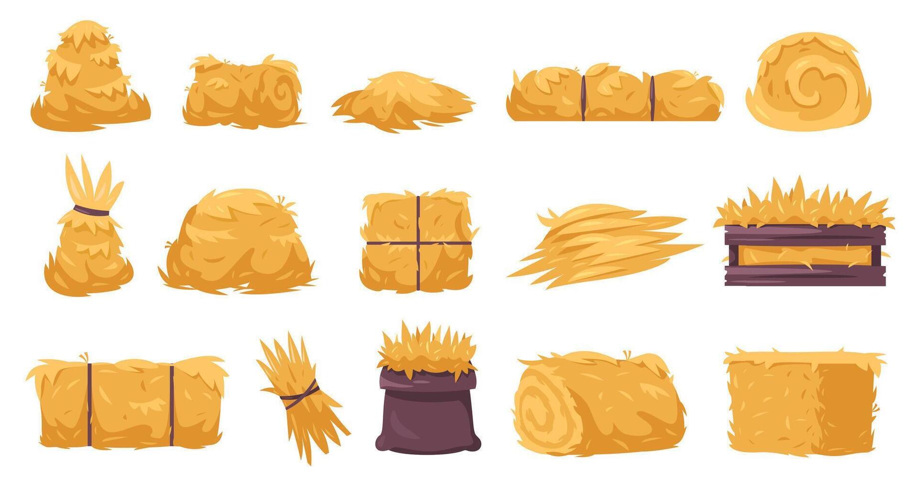 Hay stacks. Cartoon rural dry straw piles, countryside farm dried fodder bundles, agriculture organic haystack feed flat style. isolated hay set vector