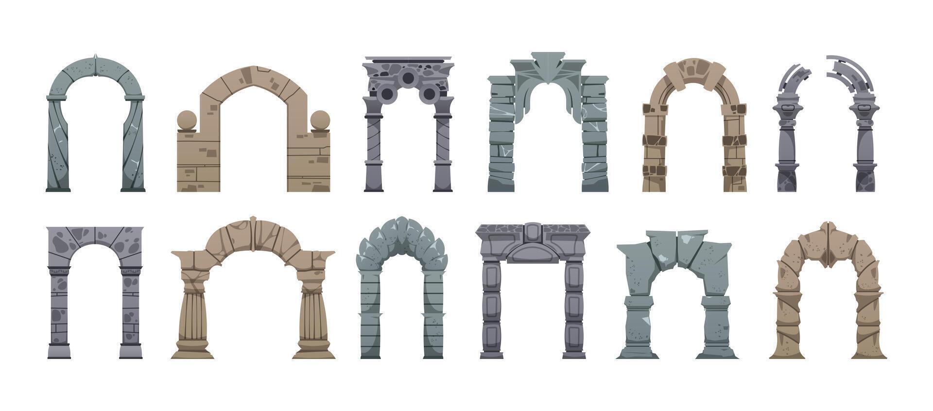 Castle stone arch. Ancient roman gate architecture arcade with columns, medieval castle brick stone archway entrance cartoon style. isolated illustration vector