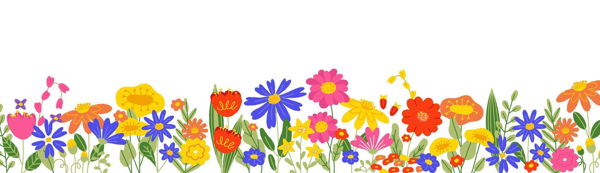 Spring flower background. Horizontal floral banner with blooming branches, blossom botanical garden border with colorful flower petals. cartoon flowers illustration vector