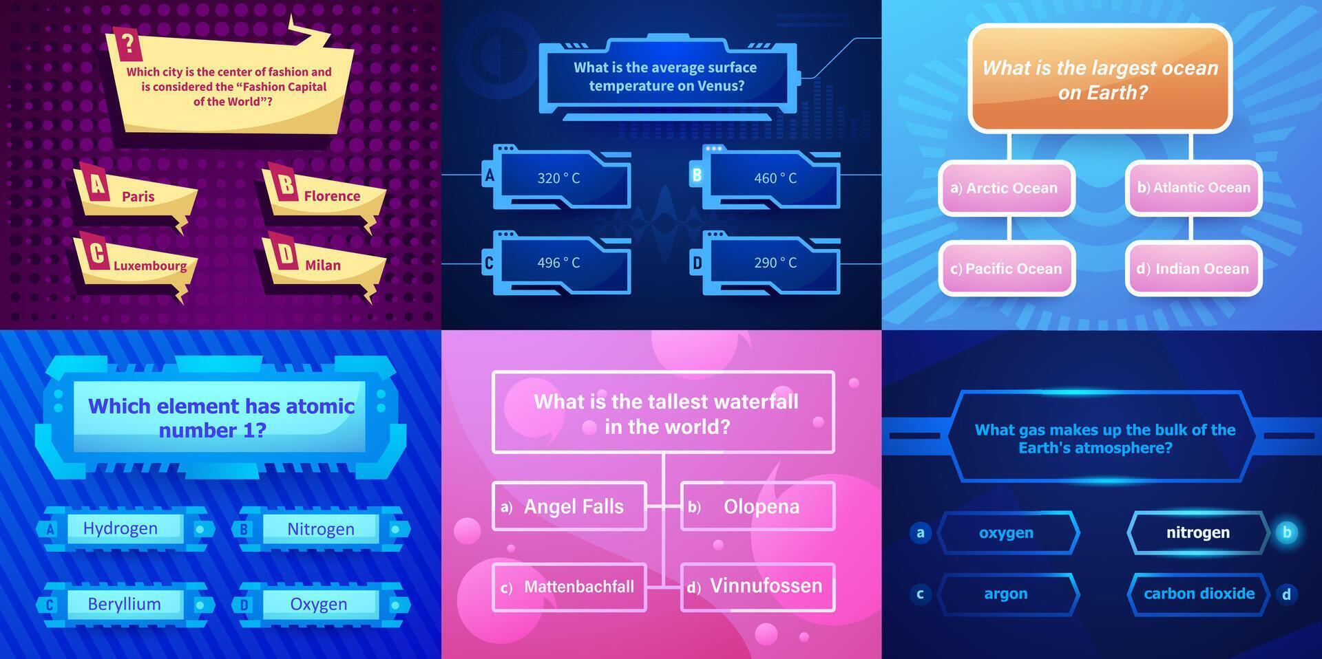 Quiz interface. Trivia question UI layout quizzing answer screen for game, quizzes test and exam, multiple choice interface design. modern quizzes layout frame set vector